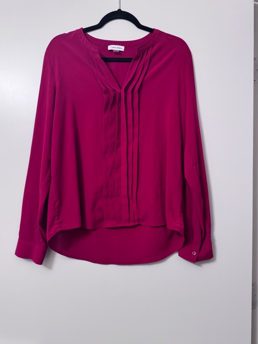 Calvin Klein Women's 
 Red Pleated V-Neck Blouse